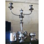 A plated candelabra and some silver plate