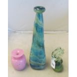 A Mdina glass Michael Harris 1960's tall turquoise vase, sea horse and pink vase