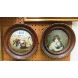 A pair of circular framed prints picking wheat and mother and child