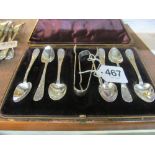 Six silver heart shape spoons and non-matching tongs (i.c) and pair silver tongs