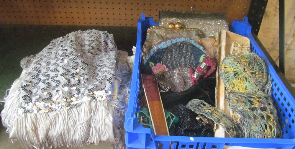 Four vintage evening bags, miser's purse, some feather hair ornaments, mask and belt, a sequinned