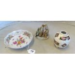 A Dresden Carl Thieme small figural group, small gilded vase roses decoration and Dresden bowl