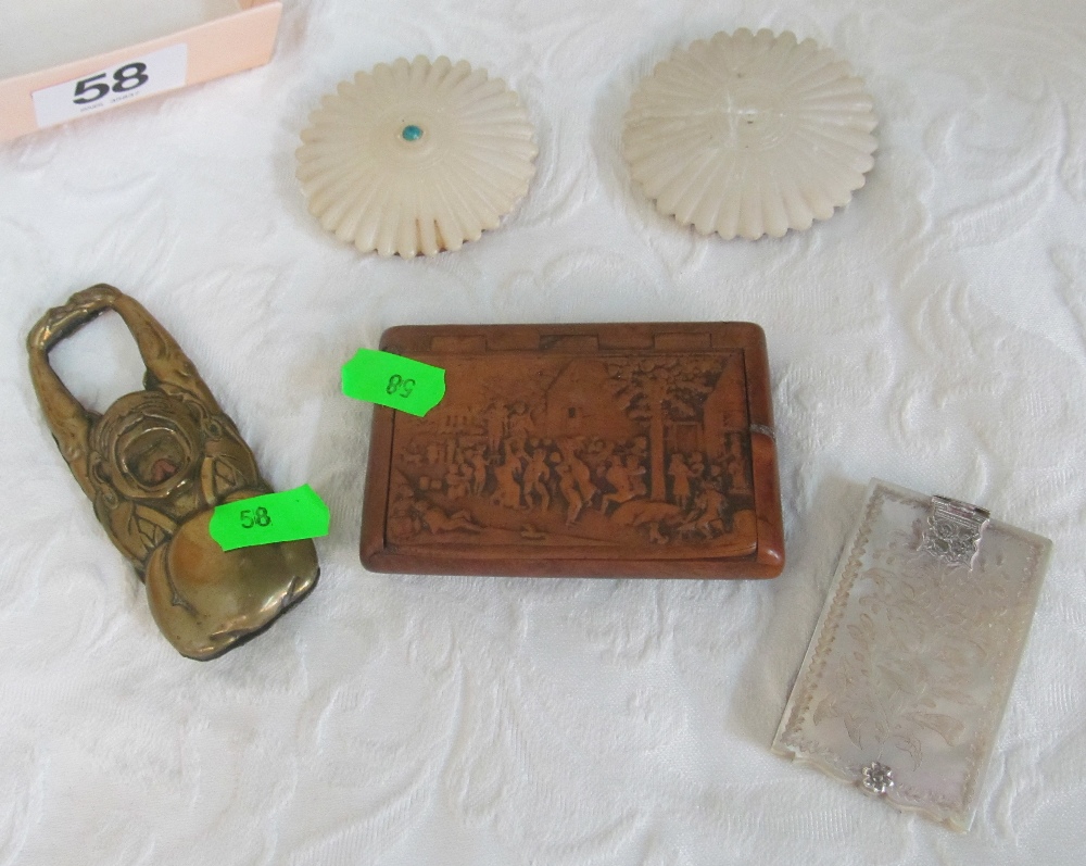 An Islamic box (a/f), brass hand stretching man, horn snuff