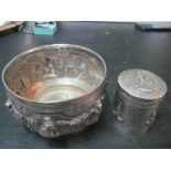 A white metal Burmese bowl and lidded pot