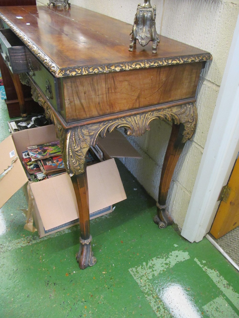 A late 19th Century walnut console table of three drawers on carved cabriole legs and scroll feet - Image 4 of 4