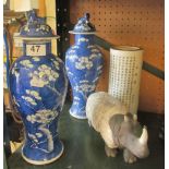 A pair of blue and white vases and lids (a/f) and sleeve vase calligraphy and rhino
