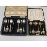 A set of six silver spoons (i.c), six silver spoons and tongs (i.c) and a silver spoon