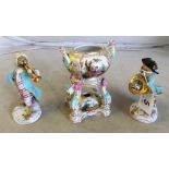 Two German monkey band figures and a pot pourri