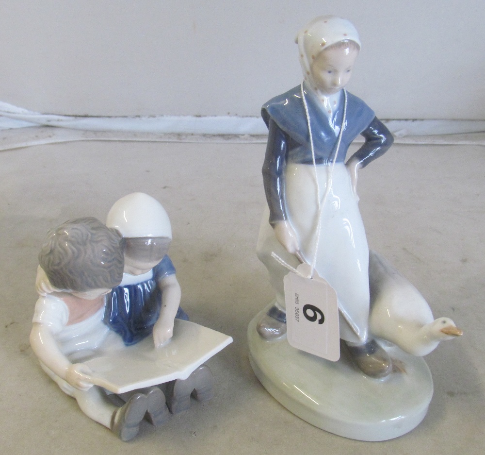 A Royal Copenhagen figure girl with goose and a B & G boy and girl reading