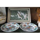 A pair of hand painted floral plates and a Jasperware style plaque classical ladies hunting (a/f)