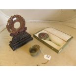 A Chinese jade and white metal mirror, jade cup and stand with jade plaque (stuck to stand)