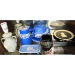 A SylvaC jasper effect jug, teapot and stand, pair Dresden jasper lamps, a dish, a black jug and