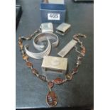 Five silver pieces including matchstriker, two matchbox covers, two bangles and a necklace