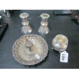 A Japanese white metal altarpiece vase, pair Alex & Co. Sterling candlesticks and an Islamic dish