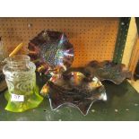 A glass shade and three carved glass dishes