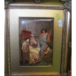 A pair porcelain plaques Victorian ladies playing musical instruments in garden and interior