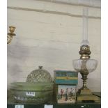 A paraffin lamp, Glen Mor, glass globe and two items glass