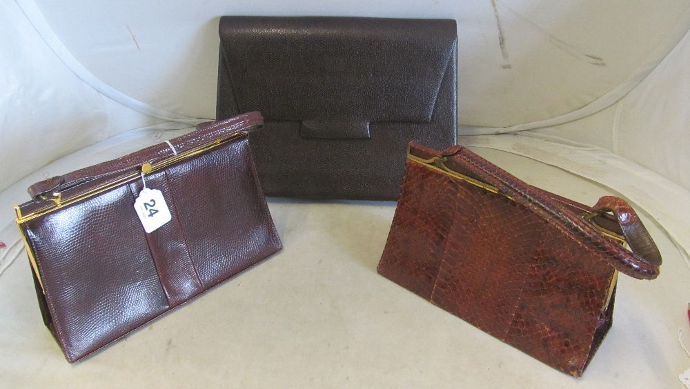 A Jane Shilton lizard handbag, snakeskin style bag and a snake style clutch bag