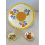 A Clarice Cliff Crocus pattern plate and two other items
