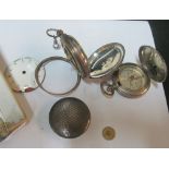 A beaten Sterling silver lidded pot, a compass in plated case and a silver cased pocketwatch with