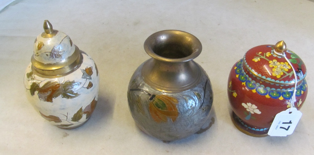 A lidded cloisonné pot, another enamel ginger jar and a vase