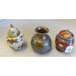 A lidded cloisonné pot, another enamel ginger jar and a vase