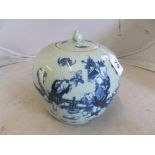 A Chinese celadon ginger jar with blue and white figures (lid with chips)
