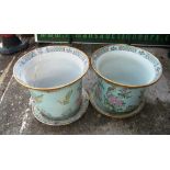 Two oriental style plant pots on stands (one a/f)