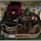 A silver-plated teaset, tray and condiment and boxed plated sifter and two sets fish servers