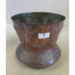 An Arts & Crafts copper jardinière embossed flower design, stamped Made in London