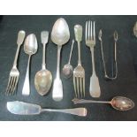 A Georgian silver table spoon and other silver and plated cutlery