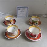 Four Wedgwood 'Clarice Cliff' limited edition cups and saucers 'Coral Firs', 'Devon', 'Trees and