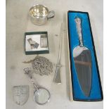 Some silver items including paperknife, christening mug et cetera