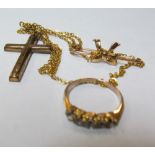 A 9ct gold cross on chain, 9ct bow brooch and 9ct ring set white stones