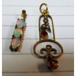 A 10ct gold and opal pendant and an Edwardian seed pearl and ruby pendant