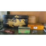 An oriental box decorated pagoda and mountain scenes and a small group of other boxes and tins