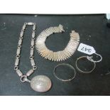 Two silver christening bracelets, locket on chain and a choker necklace