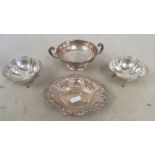 A pair of silver bowls, silver bon bon and silver two handled bowl