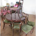 A mahogany breakfast table, three 19th Century chairs and four others
