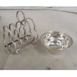 A silver toastrack, silver Georgian wine funnel (a/f) 4.5oz all at