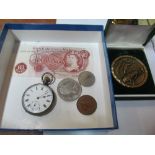 A silver cased pocket watch, golf medal, 10 shilling note and three other coins