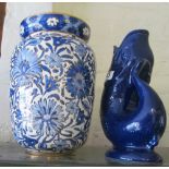 A hand made blue, white and gilt vase from Icaros, Rhodes B826-2 and a Wade gurgle jug