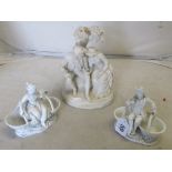 A Parian group and pair of blanc de chine figural baskets (all restored)