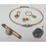 An opal pendant, bangle bracelet set turquoise, pair earrings and a bar brooch