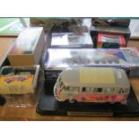 A Dinky TR2 Sports car, Corgi model steam engine and other models