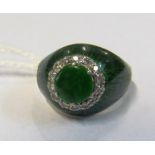 A green enamel ring with jade central stone surrounded by diamonds marked 18K Italy size H