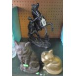 A Marley horse and groom (black coated spelter), old cast iron cat doorstop and a brass cat