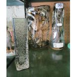 A Whitefriars brown swirl pattern glass vase, narrow Whitefriars vase and a Whitefriars 'Knobbly'