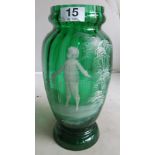 A green Mary Gregory vase