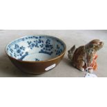 A Chinese blue and white bowl (a/f) and an Arita dog of fo